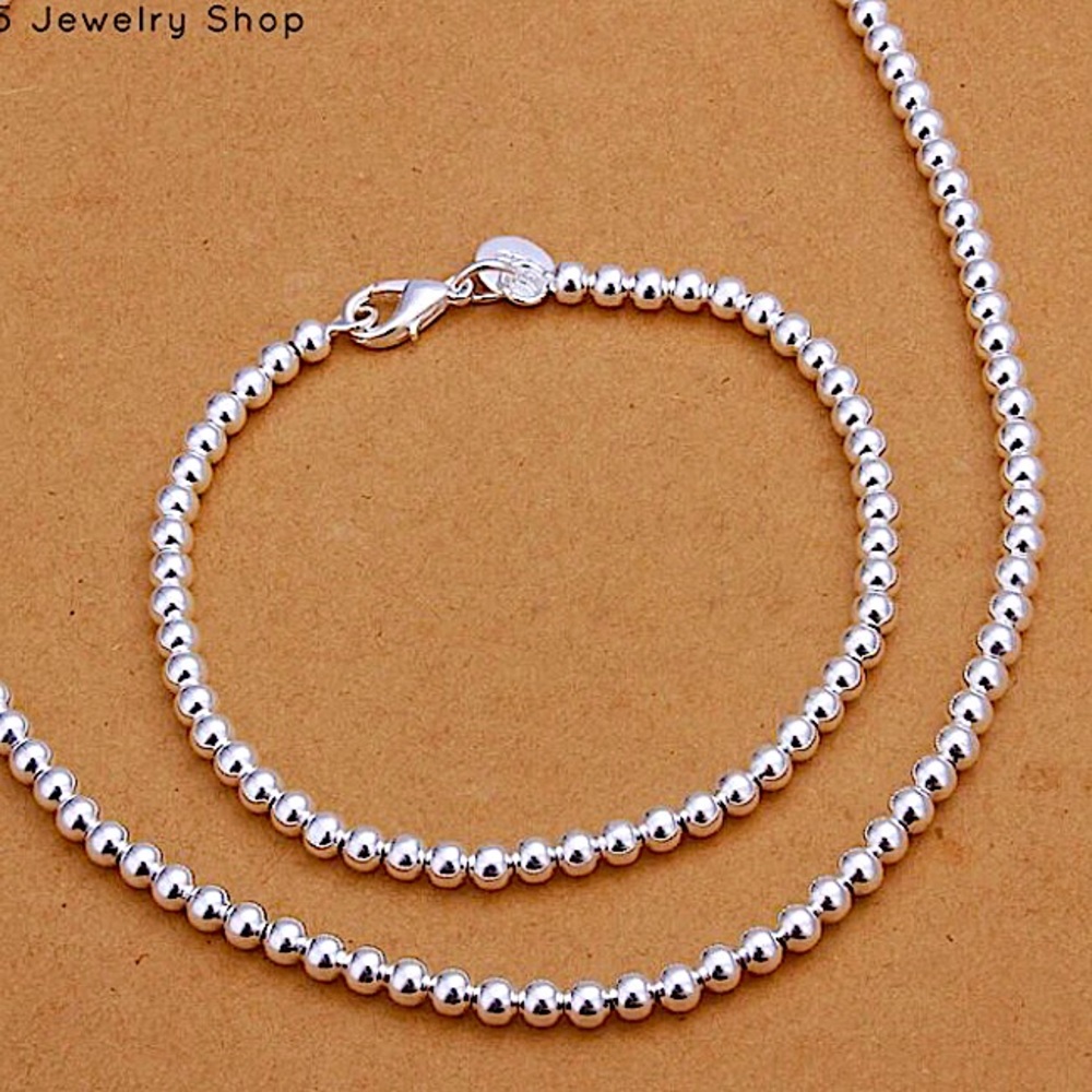 Beaded Ball Sterling Silver Necklace Matching Bracelet Set 4mm - Picture 4 of 8